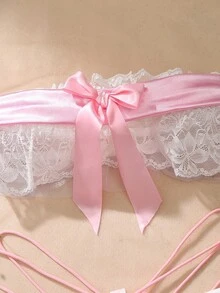 4pcs Pink Satin Lace Patchwork Ruffle Bow Mesh Sheer Camisole + G-String + Arm Sleeves + Leg Garter Sexy Lingerie Set, Sweet & Cute - Multicolor - View 5