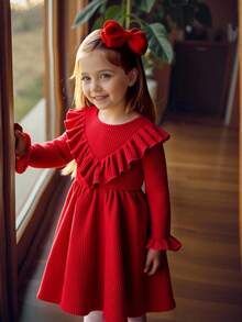 SHEIN Young Girl Solid Color Round Neck Ruffle Hem Casual Knit Dress - Red - View 4