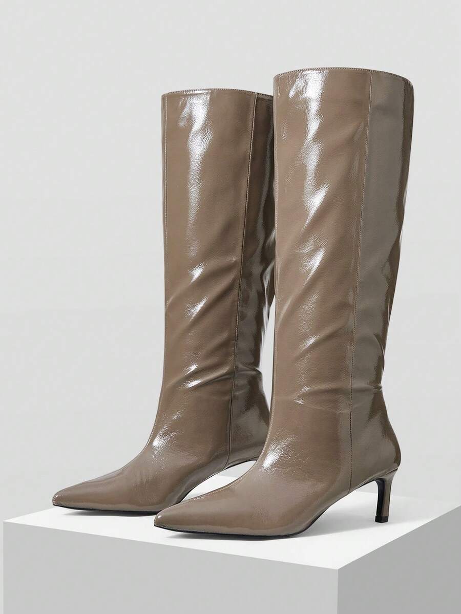 MOTF PREMIUM FRENCH THIGH-HIGH BOOTS, KNEE-HIGH STRAIGHT SHAFT SLIM HIGH HEEL BOOTS FOR WOMEN FOR CHRISTMAS - Khaki - View 2