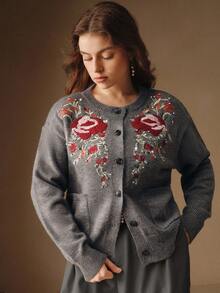 Anewsta Embroidered Rhinestone Knit Cardigan, Suitable For Fall, Winter, New Year, Elegant, Chic, Stylish, Christmas, Going Out, Cozy Winter Clothes For Women - Grey - View 6