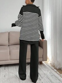 EURMUSE Women Stripe Pattern Zip Detailed Neck Drop Shoulder Pullover & Sweater Pants Set - Black - View 4