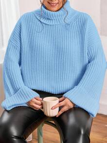 EURMUSE Women's Plus Size Solid Color Ribbed Knit Loose Turtleneck Sweater, Autumn/Winter - Baby Blue - View 3