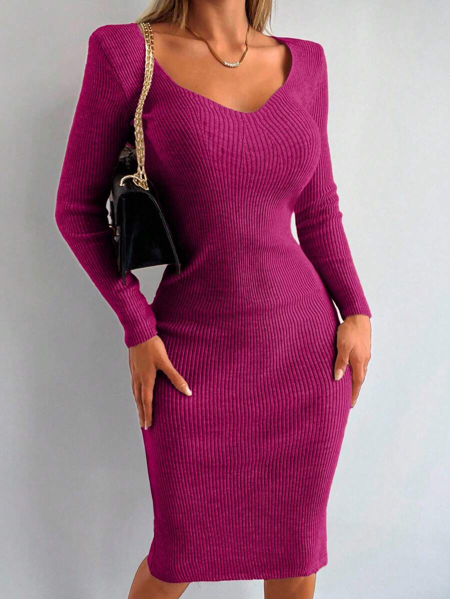 EURMUSE Vestido de punto ajustado de manga larga con cuello en V acanalado de unicolor para mujer en otoño - Rojo violeta - Ver 1