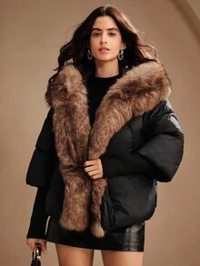 Anewsta Cropped Thick Hooded Oversized Furry Collar Ribbed Cuff Padded Coat, Suitable For Fall, Winter, New Year, Elegant, Chic, Stylish, Christmas, Going Out - Black - View 7