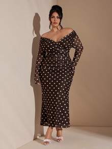 SHEIN BAE 大码女式波点 V 领褶饰露肩优雅连衣裙，棕色连衣裙，秋冬 - 咖啡棕 - 查看 4