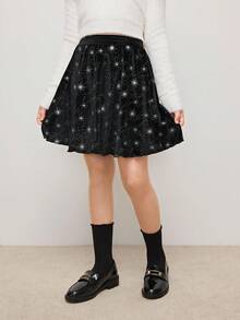 Tween Girls' Casual School Style Full Star Pattern Elastic Waist Short Skirt - Black - View 3