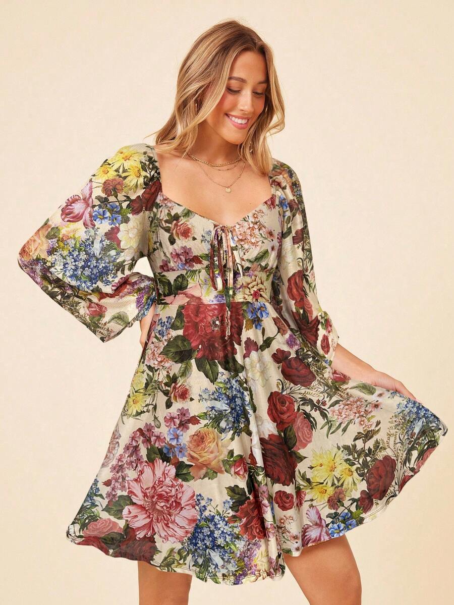 SHEIN VCAY Women's Elegant Floral Print Lantern Sleeve Dress