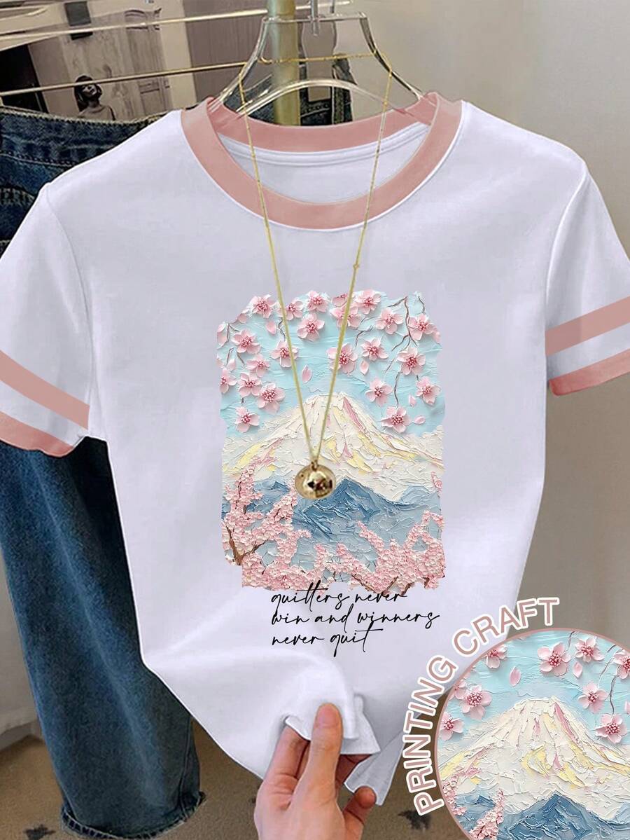 Resyla Camiseta de mujer con cuello redondo, manga corta, con estampado gráfico y de letras y ribete de contraste - Blanco - Ver 1