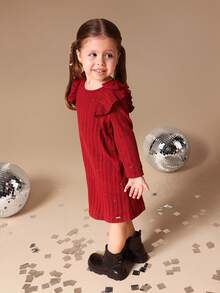 SUMWON Girls Long Sleeve Ribbed Knit Sparkle Dress With Ruffle Shoulders Holiday Party Winter Sweater Dress - Burgundy - View 3