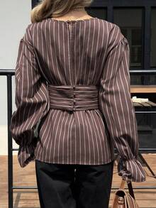 Siren Gaze 秋冬女士棕色条纹腰衬衫 - 棕色 - 查看 2