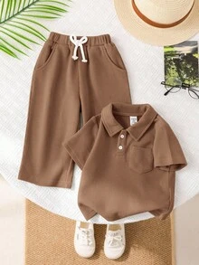 SHEIN 2pcs/Set Baby Boy/Girl Casual Turndown Collar Short Sleeve Half-Zip Pullover Top And Long Pants, All Season - Brown - View 6