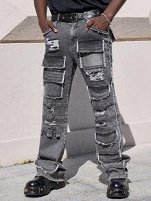 ROMWE MEN Street Life Men's Fashion Frayed Pocket Slim Fit Casual Denim Jeans