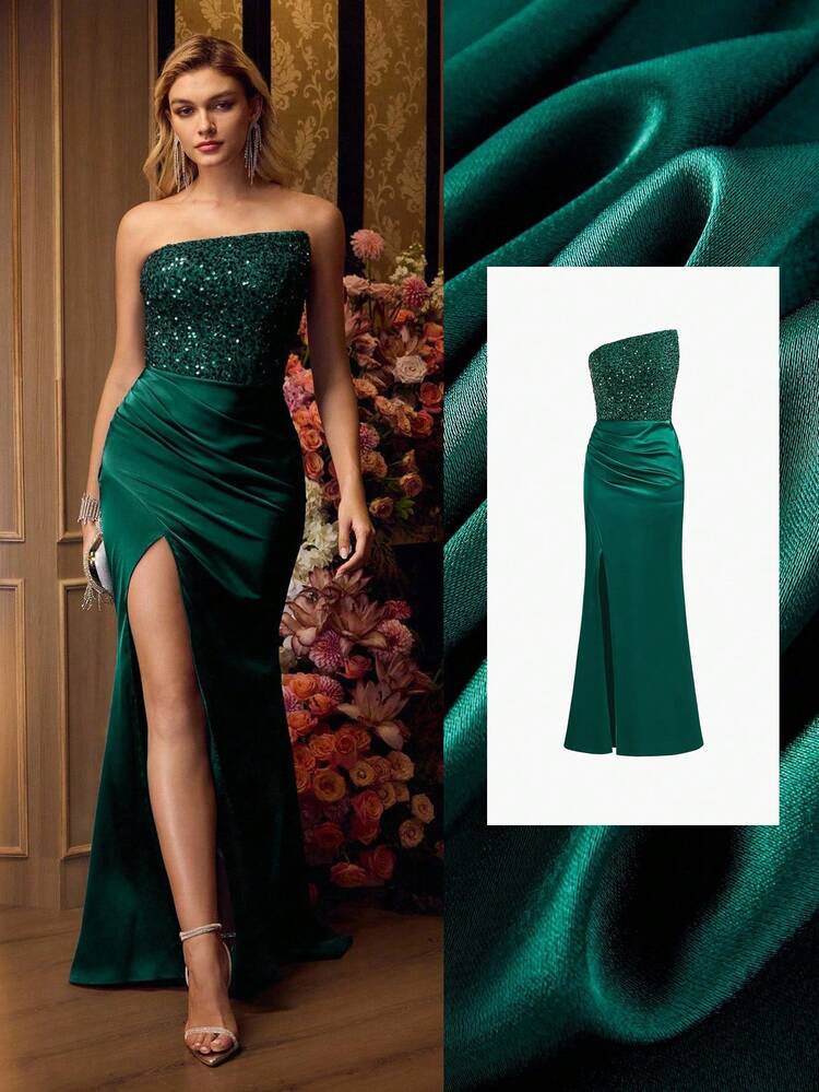 MOTF Soiréza Vestido de noche de longitud hasta el suelo con escote asimétrico sin mangas, con corpiño de lentejuelas y abertura alta, silueta entallada para eventos formales y galas de otoño/invierno