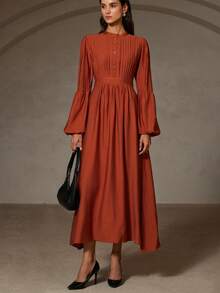 Aveloria Rosie Vestido Midi de Manga Larga Solta com Design de Nicho, Elegante e da Moda - Castanho - Visão 5