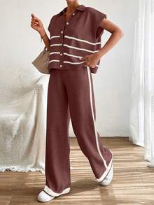 SHEIN Cottnline Women Striped Single-Breasted Batwing Short Sleeve Knitted Cardigan & Long Pants 2-Piece Set - Dusty Pink - View 2