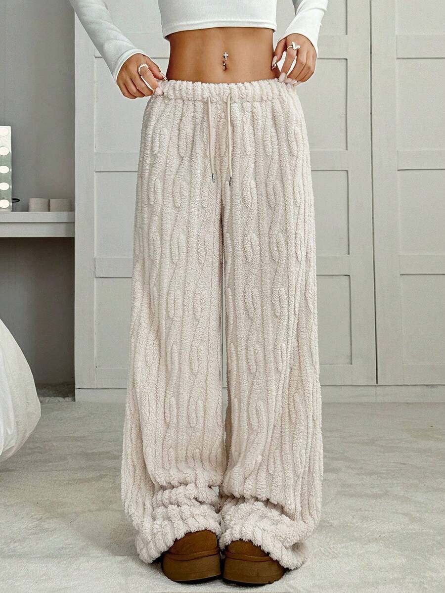 CovetEZ Women's Solid Color Drawstring High Waist Fluffy Wide Leg Casual Pants