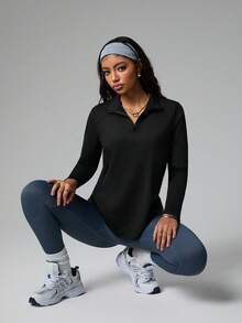 Dewbera Black Long - Sleeve Fitted Sports Polo Shirt For Women, Half - Zip Stand - Up Collar + Striped Design, 4 - Way Stretch Breathable & Quick - Dry, Versatile For Golf/Tennis/Daily Activities In Autumn & Spring - Black - View 1