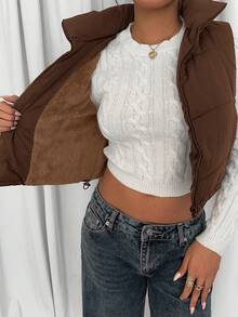 SHEIN EZwear 女士休闲加厚保暖背心外套，冬季必备 - 棕色 - 查看 6