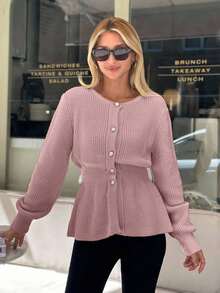 EURMUSE Women Solid Color Front Button Round Neck Cardigan,Cardigans,Long Cardigans Woman,Petite,Tall - Coral Pink - View 5