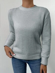 RueChic Women Solid Color Round Neck Long Sleeve Casual Loose Knit Grey Sweater, Autumn/Winter