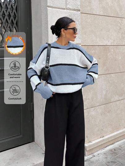 EURMUSE Women Stripe Pattern Round Neck Drop Shoulder Pullover,Jumper,Cream Jumper,Jumpers,Black Jumper,Womens Jumper,White Jumper,Women's Jumper,Women's Jumpers,Winter Clothes