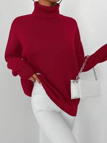 EURMUSE Women's High Neck Drop Shoulder Sweater - Burgundy - View 4