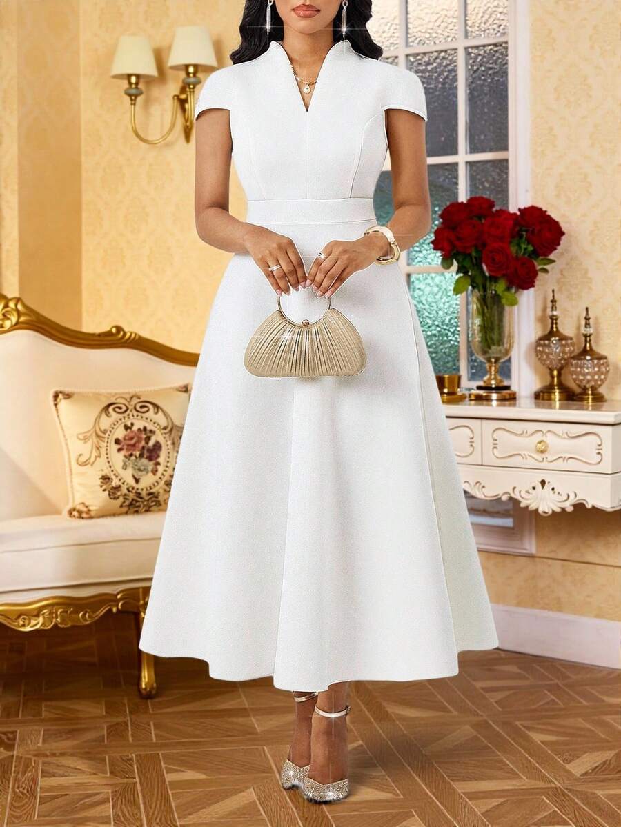 SHEIN Lady 女士纯色V领短袖优雅连衣裙，适合派对和聚会场合 - 黑色 - 查看 1