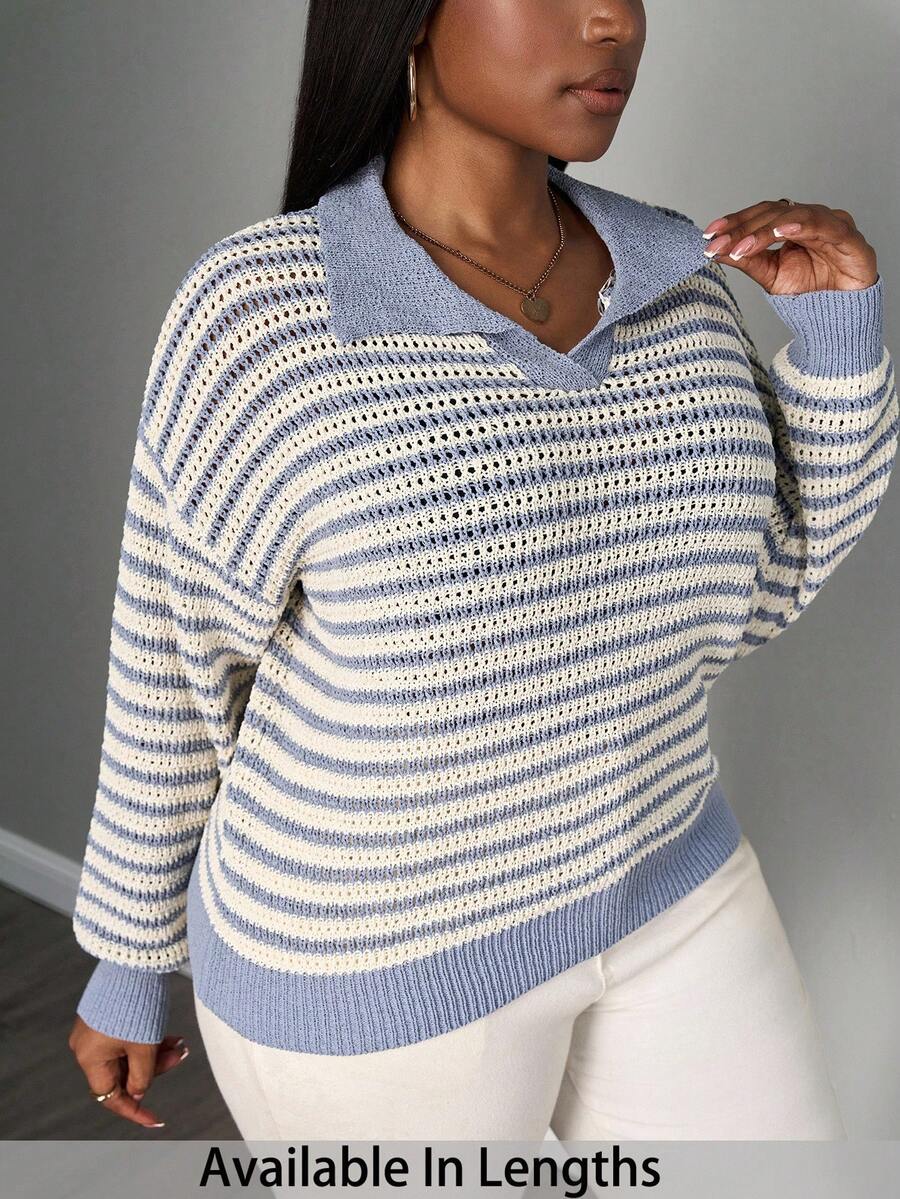 SHEIN PETITE CURVE Pull-over à col polo rayé à manches longues, grande taille, style décontracté - Bleu gris - Voir 1