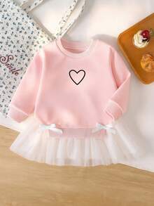 SHEIN Playful Pals 女嬰 6M-3Y 可愛運動衫洋裝 粉色與白色愛心印花 網眼下擺 網紗長袖套裝 秋季休閒穿搭 適合家庭穿搭 優雅 - 彩色 - 查看 2
