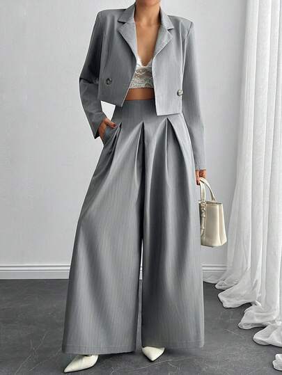 EURMUSE Cropped Double-Breasted Blazer, Tailored Fit, Soft Pinstripe Fabric, Long Flared Skirt, Elegant Workwear Set, Modern Chic, Timeless Grey Tone, Feminine Silhouette, Comfortable Fit, Versatile Office To Evening