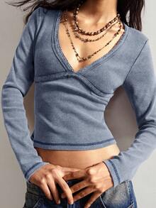 Bohemela 女式休闲纯色 V 领短款长袖针织 T 恤，秋季 - 藍色 - 查看 6