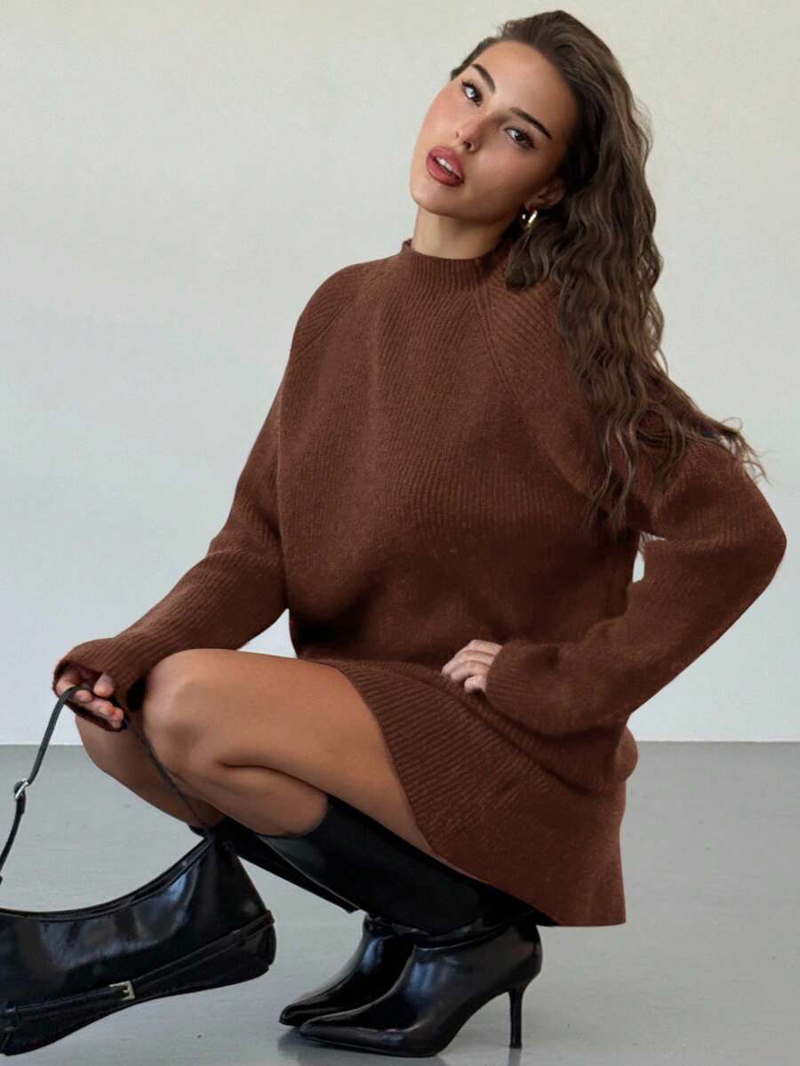 Aloruh Women's Autumn/Winter New Stand Collar Raglan Sleeve Loose Pullover Sweater & Mini A-Line Skirt 2 Pieces Set, Vintage Style For Everyday Wear - Coffee Brown - View 1
