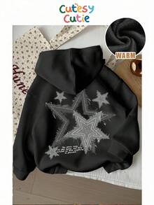 SHEIN EZwear 休闲简约印花连帽宽松厚款女士卫衣，连帽卫衣，星星印花秋冬女装 - 黑色 - 查看 1
