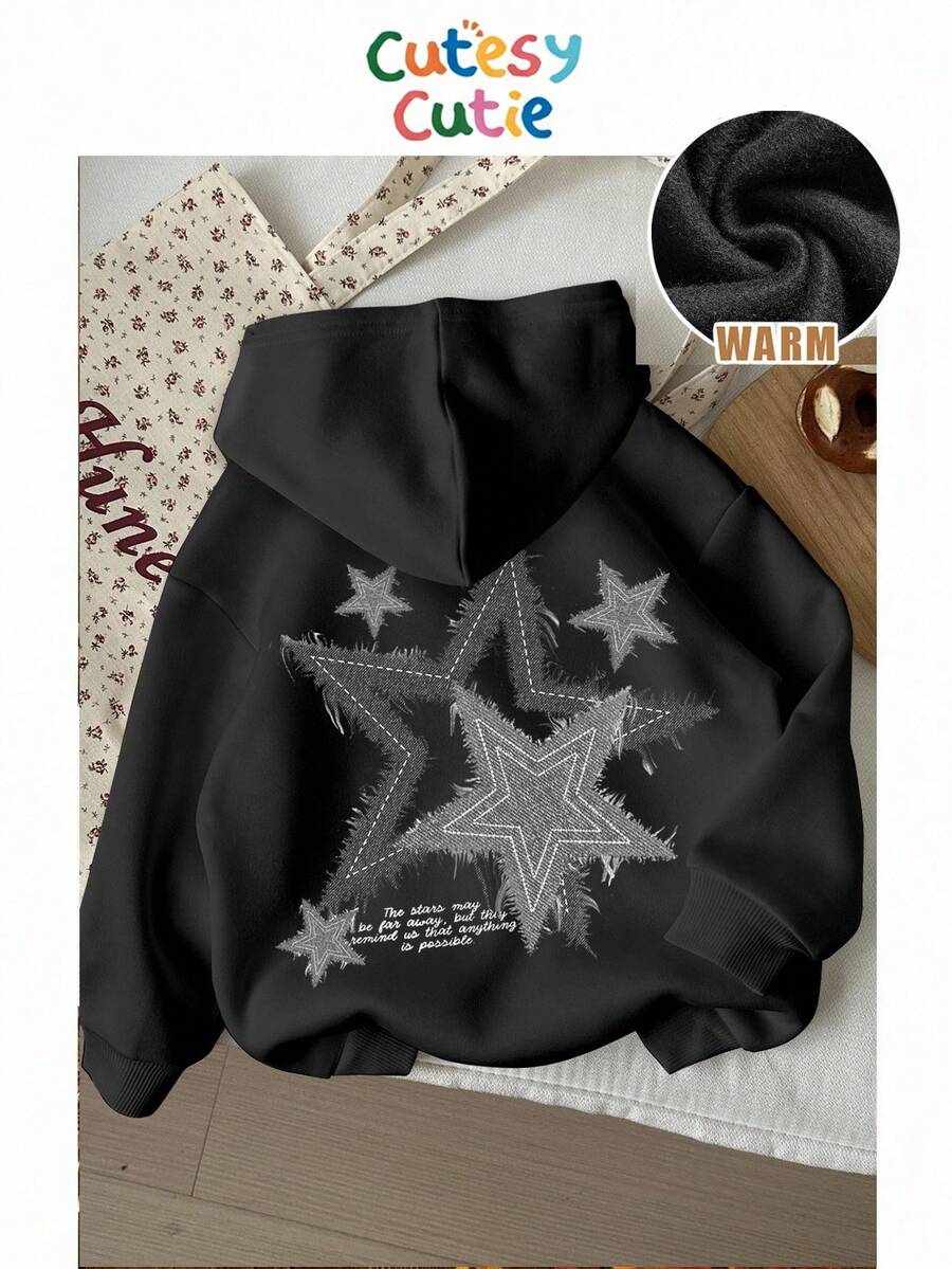 SHEIN EZwear 休闲简约印花连帽宽松厚款女士卫衣，连帽卫衣，星星印花秋冬女装 - 黑色 - 查看 1