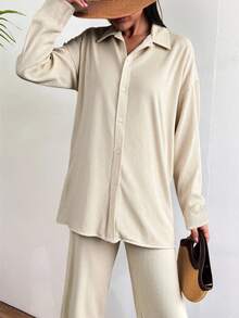 EURMUSE Solid Plisse Two-Piece Outfit - Beige - View 5