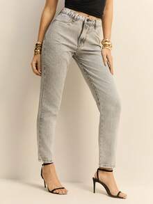 Daynim Quần jeans cạp cao Mom Fit - Xám - Xem 5