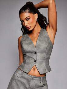 NYA SZN Claire 短袖上衣，纽扣开襟，修身剪裁，适合办公室、商务场合、日常休闲、街头风、早午餐、教师节、节日庆典等各种场合。 - 灰色 - 查看 1