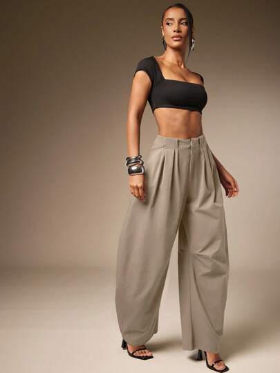 Hauture Pantalones anchos plisados de color carbón sólido, estilo básico y casual de verano