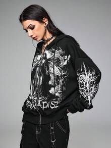 ROMWE Grunge Punk 女式休闲朋克圣母玛利亚与荆棘印花抽绳连帽羊毛运动衫，秋冬 - 黑色 - 查看 6