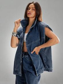 Denimoi 垫肩无袖前拉链牛仔背心 - 中等水洗藍 - 查看 3