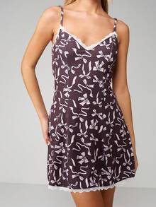 MISSGUIDED Bow Print Lace Trim Cami Sleep Dress With Adjustable Straps For Women Sleepwear Nightgown - Multicolor - View 4