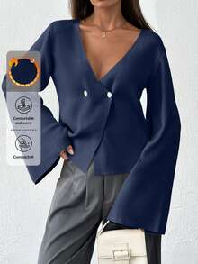 SHEIN Tall Women's Tall Solid Color V-Neck Front Button Drop Shoulder Cardigan