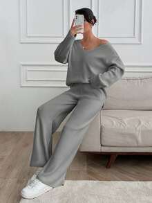 SHEIN PETITE Petite Damen V-Ausschnitt Oversized Pullover und Strick Hose Set