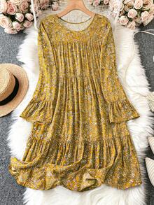 SHEIN LUNE Đầm tay dài cổ tròn bèo nhún họa tiết hoa cỡ lớn - Màu vàng - Xem 1