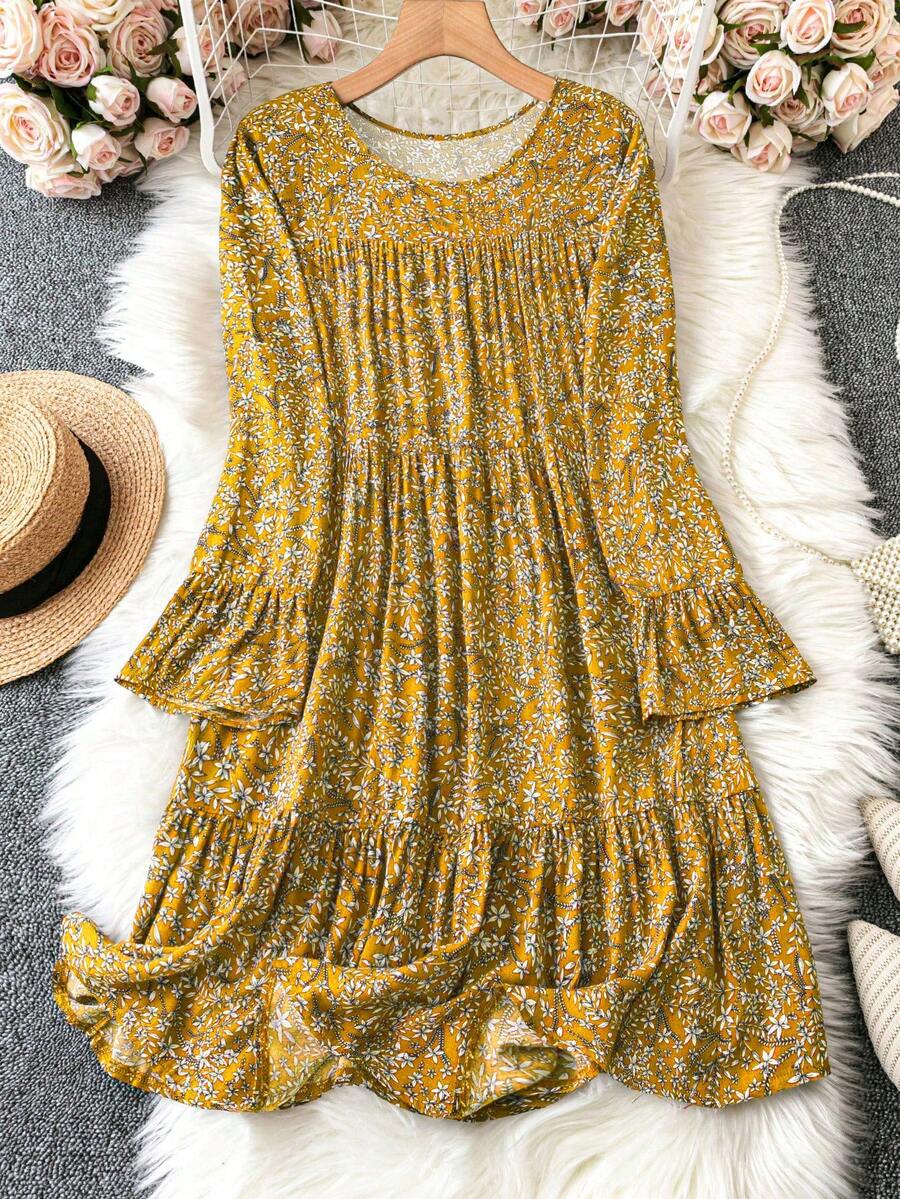SHEIN LUNE Đầm tay dài cổ tròn bèo nhún họa tiết hoa cỡ lớn - Màu vàng - Xem 1