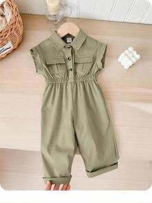 SHEIN 女婴夏季可爱实用绿色短袖束腰领口连体衣