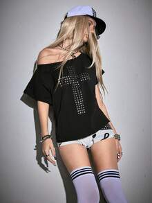 ROMWE Grunge Punk Áo thun trơn màu trơn cắt laser phong cách Kpop Punk Y2K thiết kế chữ thập - màu đen - Xem 11