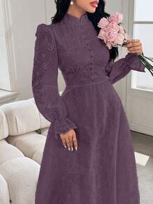 Modelyn 法式领泡泡袖连衣裙 - 紫色 - 查看 5