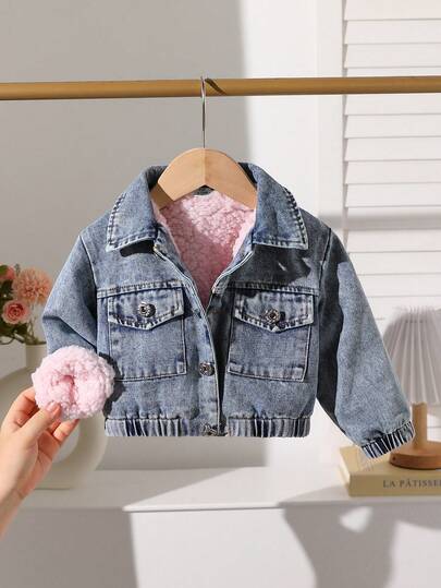 SHEIN 女婴秋冬长袖单排扣保暖休闲牛仔夹克
