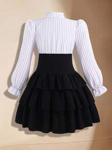 Elegant Commuter Striped Patchwork Dress For Teen Girls - Black and White - View 2